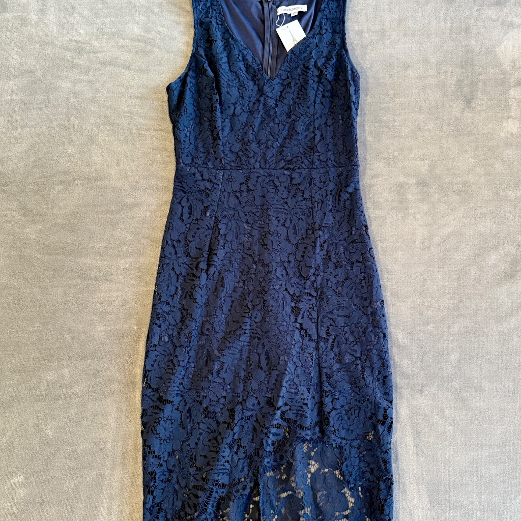 Women's Sleeveless V Neck Floral Lace Navy Blue Cocktail Dress, Size S